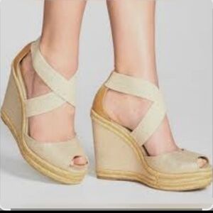 Tory Burch Kate Linen Espadrille Natural Gold Wedge Size 6